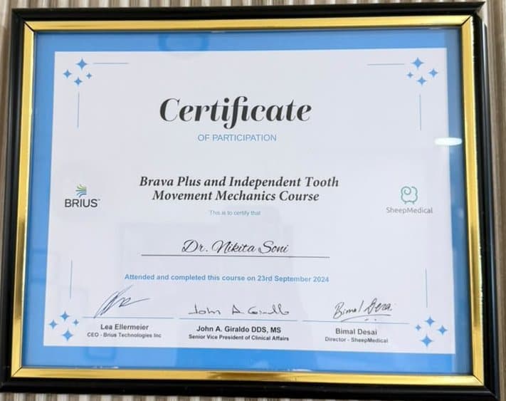 Certificate: Brava Plus & independent tooth-movement mechanics