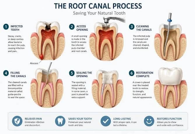 Step-by-step diagram of the root canal process, from infected tooth to a restored, crowned tooth